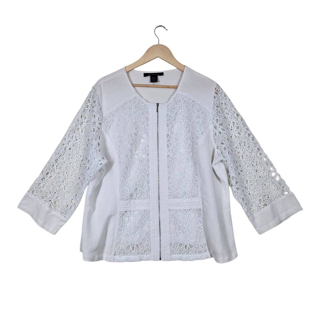 Ashley Stewart Linen Blend Eyelet Lace Zip Jacket White 18W Romantic Cottagecore